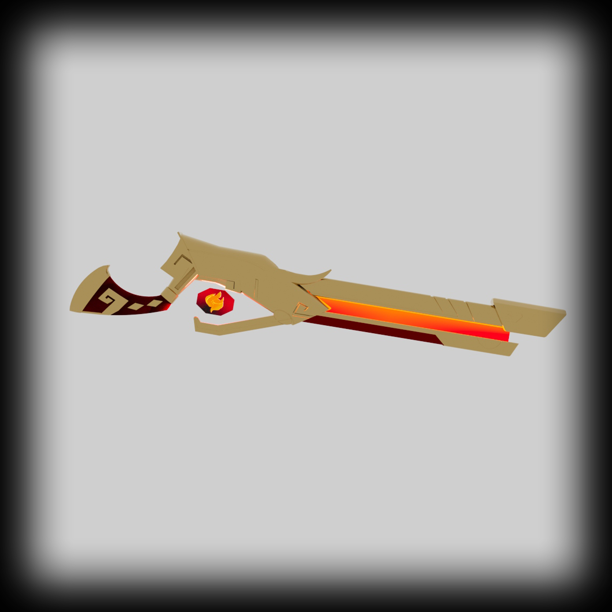 A gold rifle with a red barrel